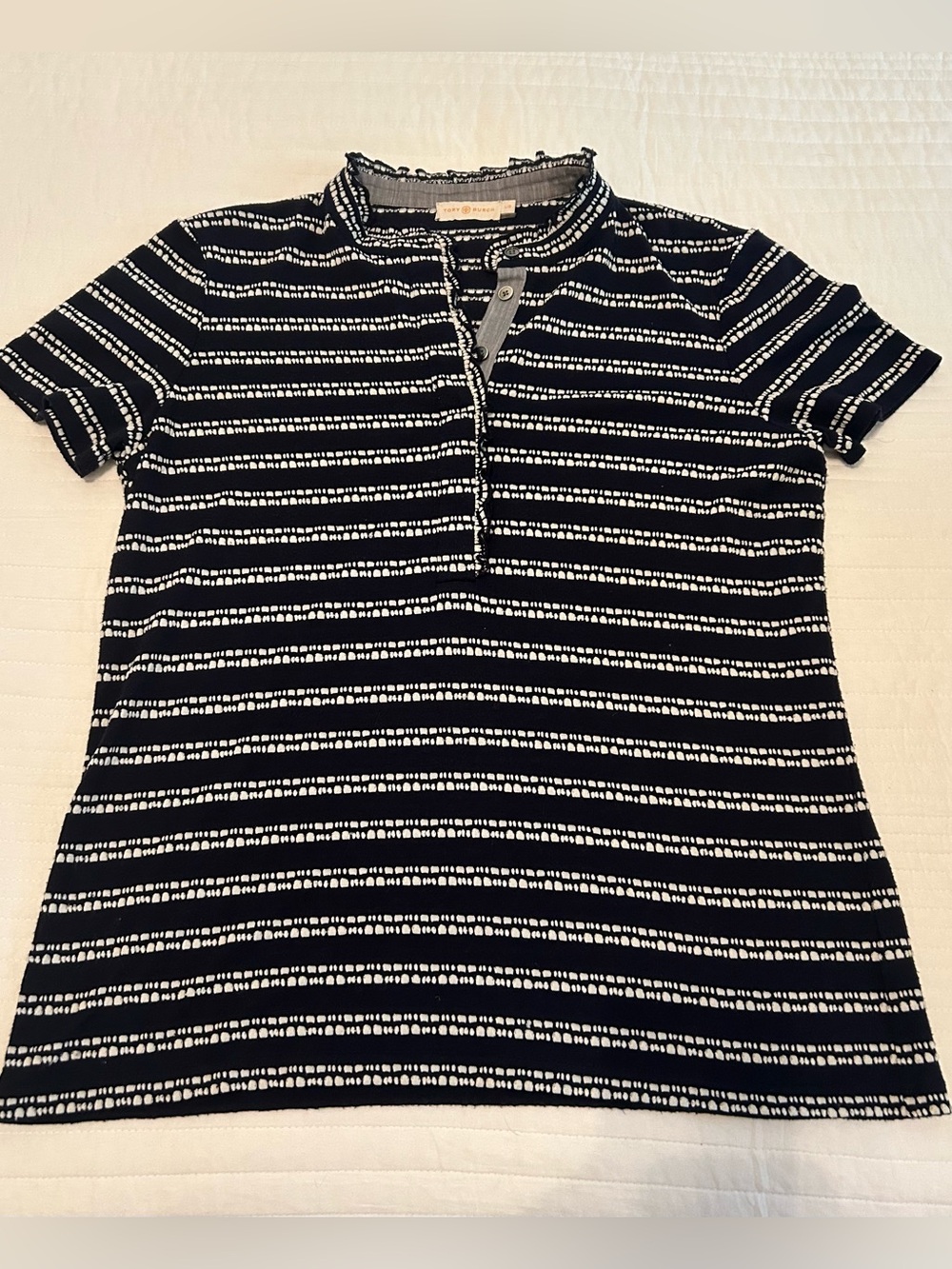 Tory Burch Lidia Women's Large Polo Top Navy Striped Ruffle Detail Short Sleeve